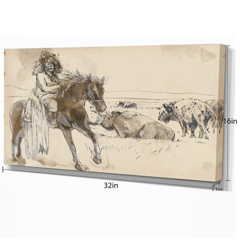 Imprimé de cheval d’équitation indien-impression de dessin, H 16 po x l 32 po x P 1 po, Toile tendue