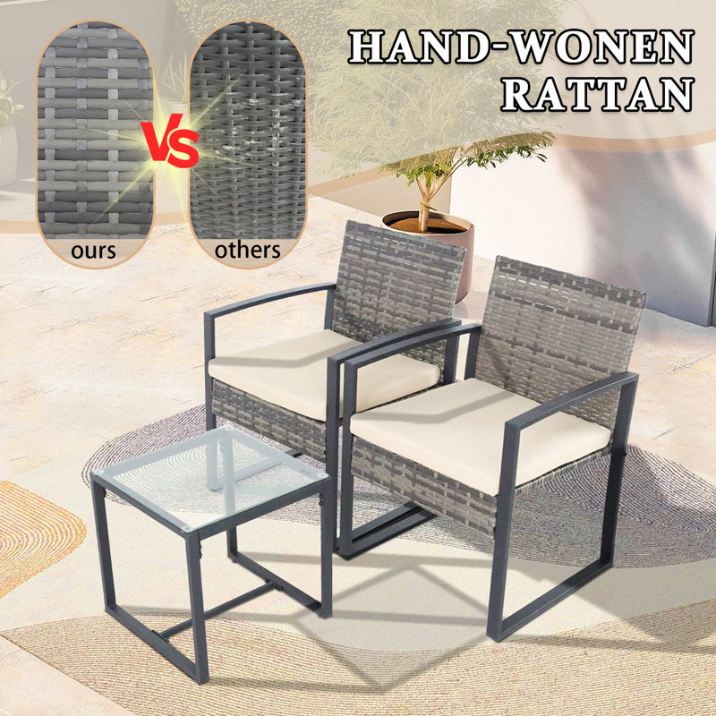 3-Piece Outdoor Rattan Furniture Set With 2 Padded Chairs, Tempered Glass Table For Patio, Porch, Yard, Garden All-Weather Seating- Patio Furniture Outdoor(Grey-Beige)
