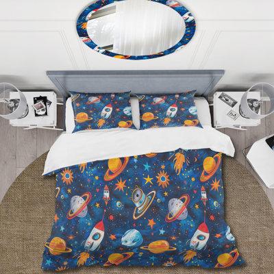 Blue Red Outer Space Print - Kids Duvet Cover Set