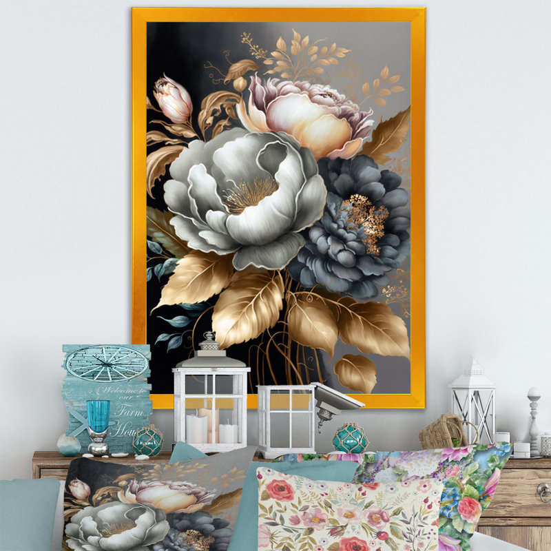 Bouquet de fleurs bleues V - Impression sur toile, Cadre photo doré, H 32 po x l 16 po x P 1 po