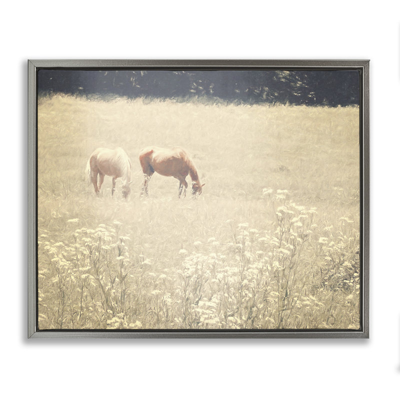 Paire de chevaux, pâturages, encadrement doré, art mural sur toile par Graffi * Tee Studios, Cadre flottant gris lustré