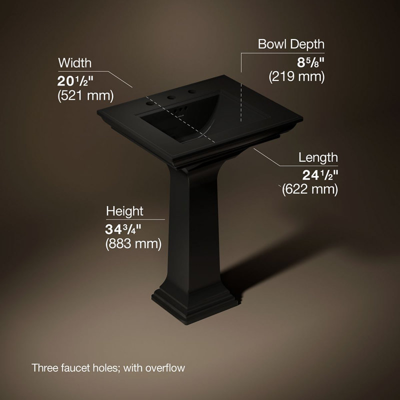 Memoirs® Stately 24" Pedestal Bathroom Sink with 4" Centerset Faucet Holes, Black, 8" Centers, 34.75" H x 20.5" W x 24.5" L