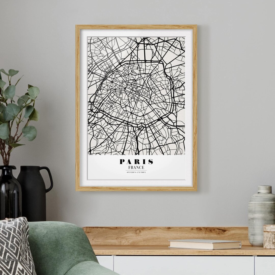 Gerahmtes Papierbild Stadtplan Paris - Klassik