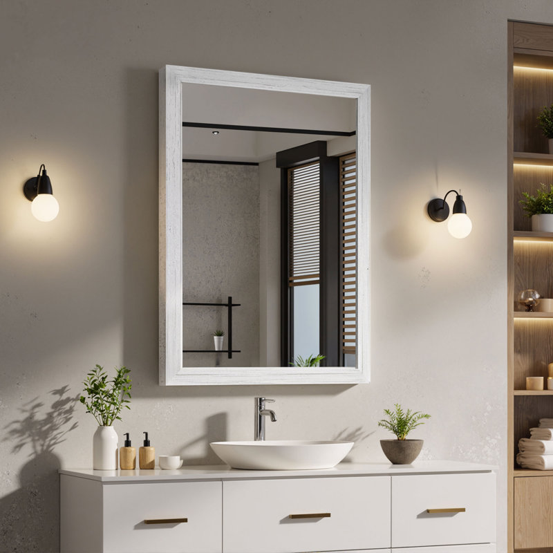 Tempered Glass Wall-Mounted Mirror, Shatter-Resistant Reinforced Design, Vertical/Horizontal Hanging Installation, White Wood