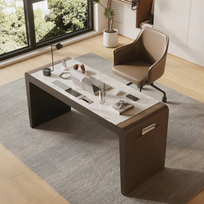 55.12" Brown Rectangular Sintered Stone Saddle Leather Desk,3-drawer