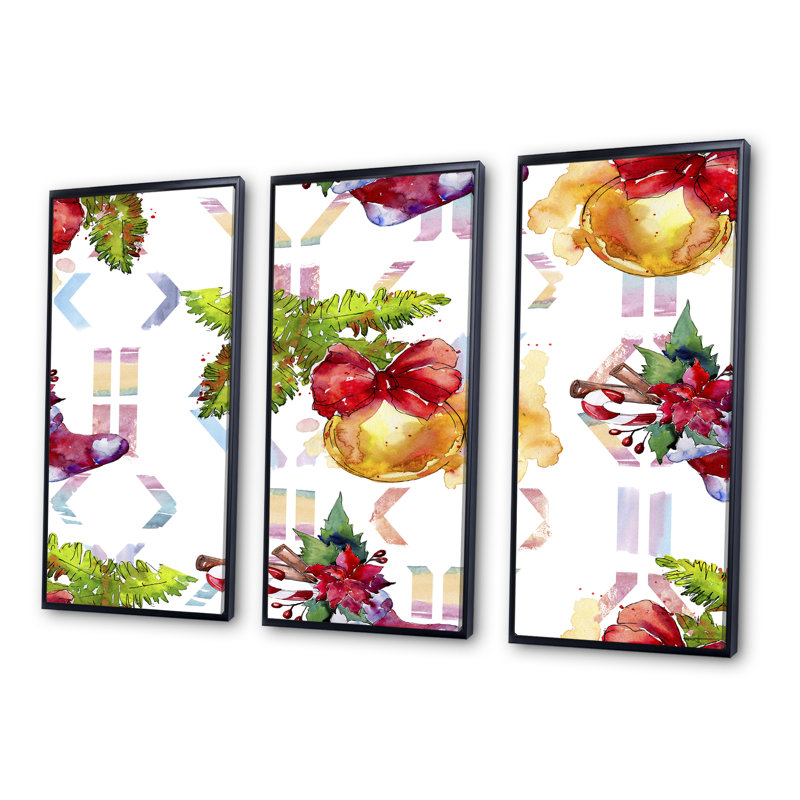 «Christmas Winter Holiday Symbols», ensemble de 3 toiles encadrées, H 28 po x l 36 po x P 1 po, Cadre noir