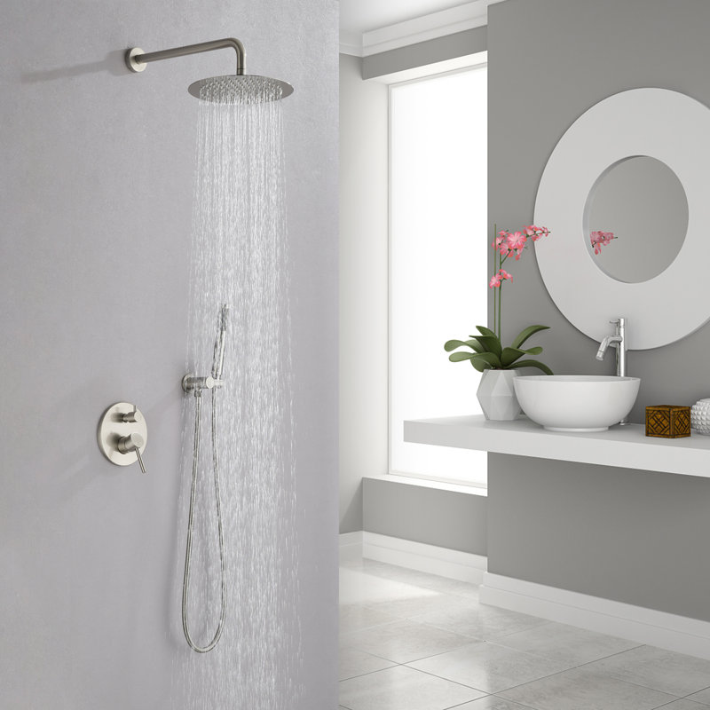Complete Shower System with Rough-in Valve with 10 Inches Round Rain Shower Head, Brushed Nickel