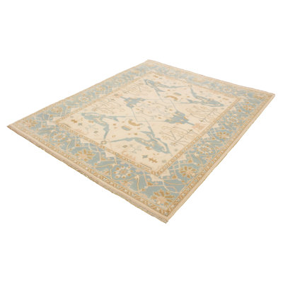 Tapis unique en laine noué à la main ivoire / kaki / bleu clair nouvel âge 8 pi 2 po x 9 pi 10 po Ushak
