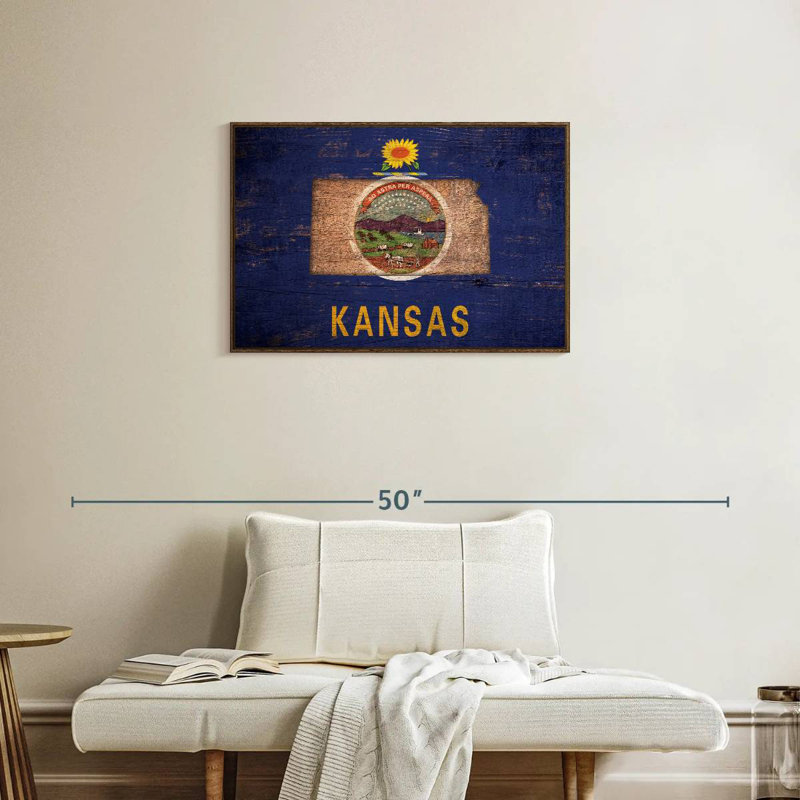 Carte de l'État sur le drapeau du Kansas, Cadre flottant en noyer, 31 po x 21 po