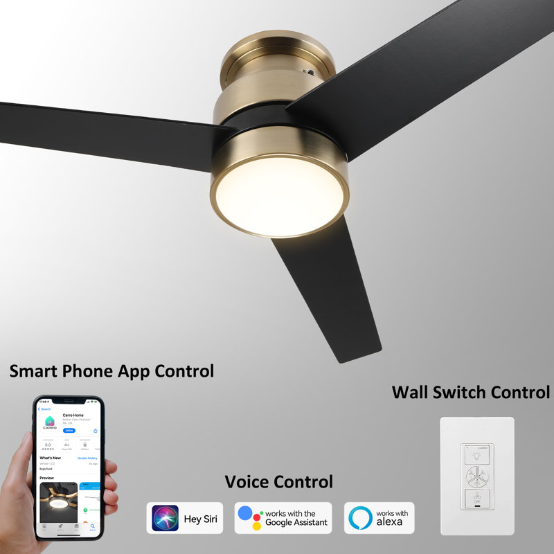 52"  3 - Blade LED Smart DC Ceiling Fan with Wall Control and Light Kit Included, Gold/Black