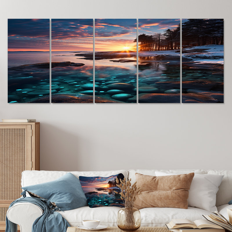 Coucher de soleil à travers les arbres, Islande, Rock Beach - Ensemble de 5 décorations murales plage et océan