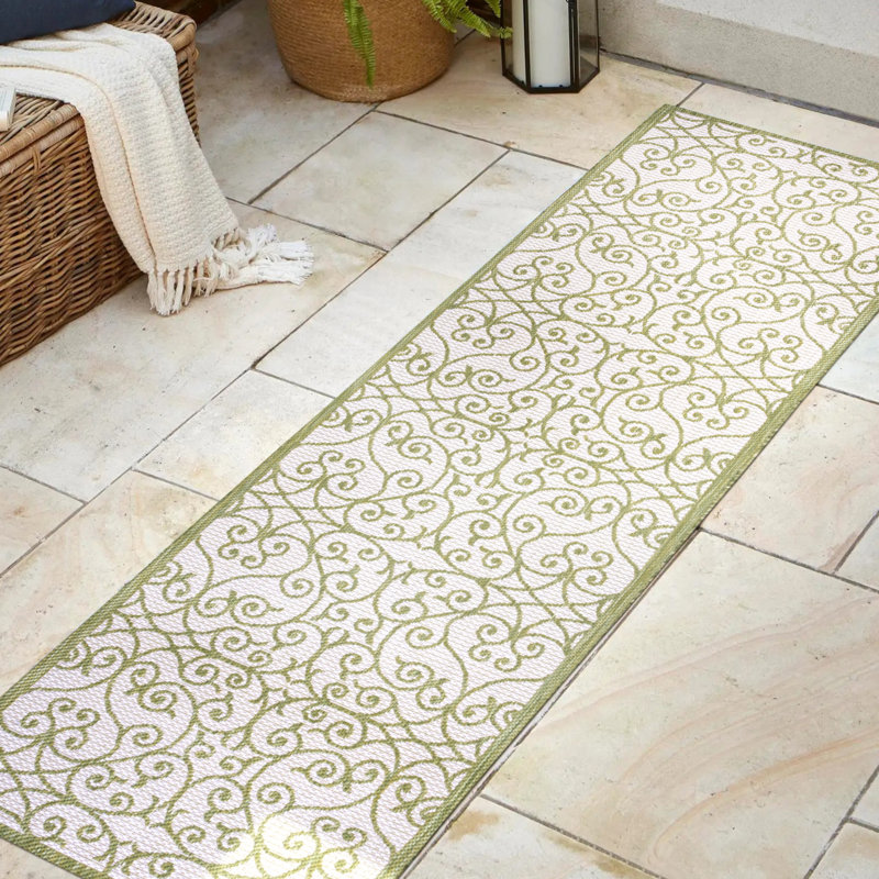 Tapis intérieur / extérieur vert / crème Deilani, Tapis de couloir 2 pi 2 po x 8 pi