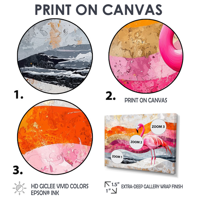 Or rose, flamant rose sur un paysage de plage audacieux I - art mural flamant rose, H 24 po x l 32 po, Cadre flottant