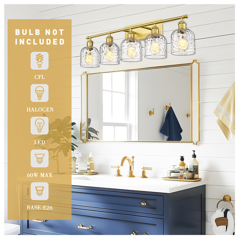 5-Light Bathroom Vanity Light With Clear Hammered Glass, Gold