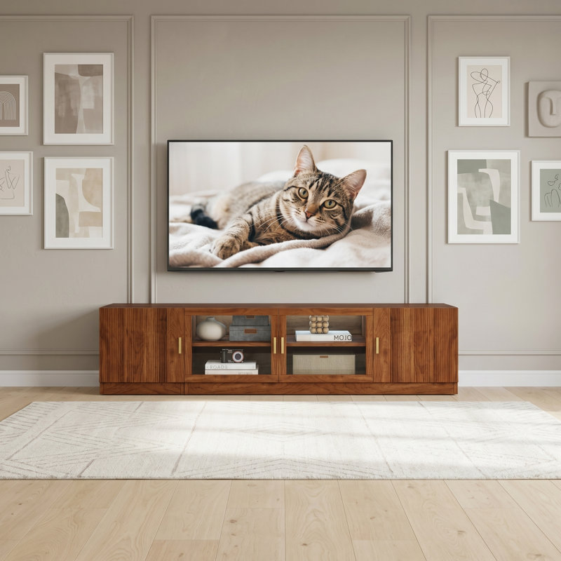 Meuble télé Mid-Century avec lumières DEL, armoires à façade en verre, tablettes réglables et système de gestion des câbles