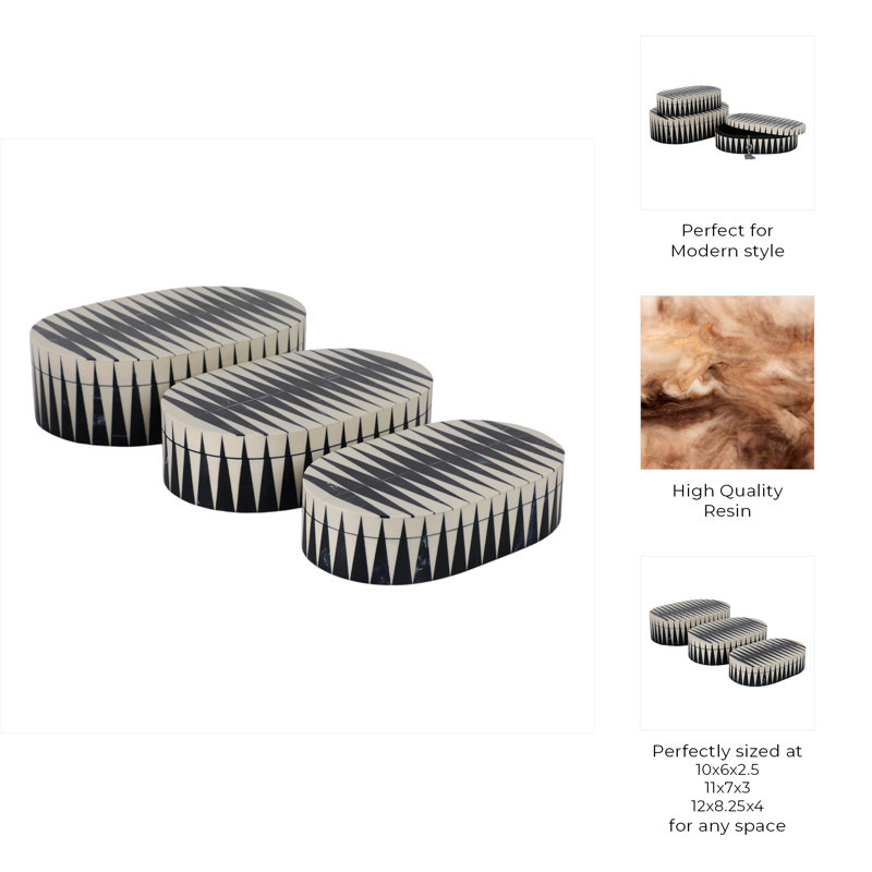 Decorative Bone Inlay Storage Boxes with Lids - Handmade Oval Trinket Boxes for Elegant Organization - Set of 3.