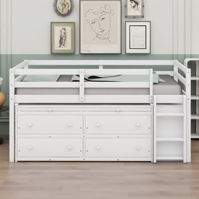 Loft Bed With Retractable Writing Desk And 4 Drawers, Loft Bed With Lateral Portable Desk And Shelves