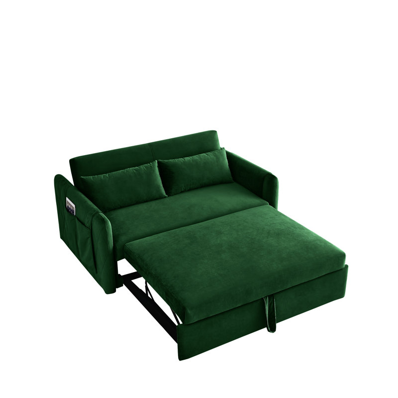 Leiyla Modern 55" Convertible Sofa Bed with Detachable Arm Pockets, Green Velvet