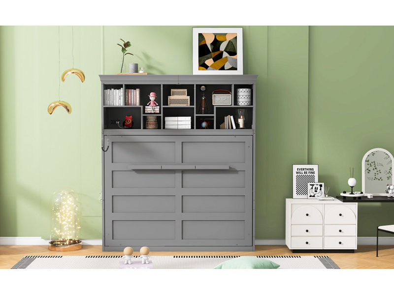 Grand lit escamotable mural avec tablettes supérieures et USB, gris