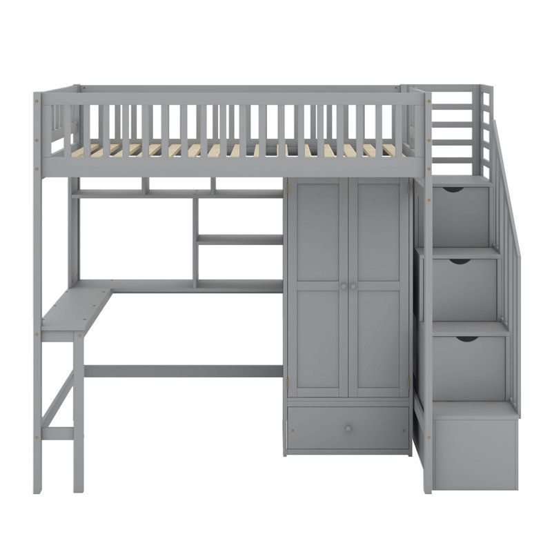 Lit mezzanine simple avec bibliothèque, tiroirs, bureau et garde-robe, Gris