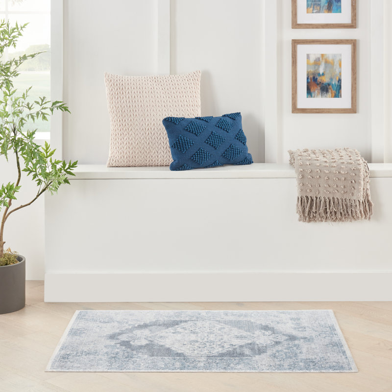 Tapis bleu / ivoire lavable en machine Privette, Rectangle 3 pi 3 po x 5 pi