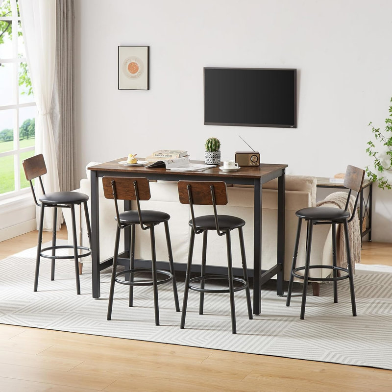 Reames Bar Table Set, Counter Height Table with 4 Bar Chairs, 5-Piece Pub Table Set, Rustic Brown/Black