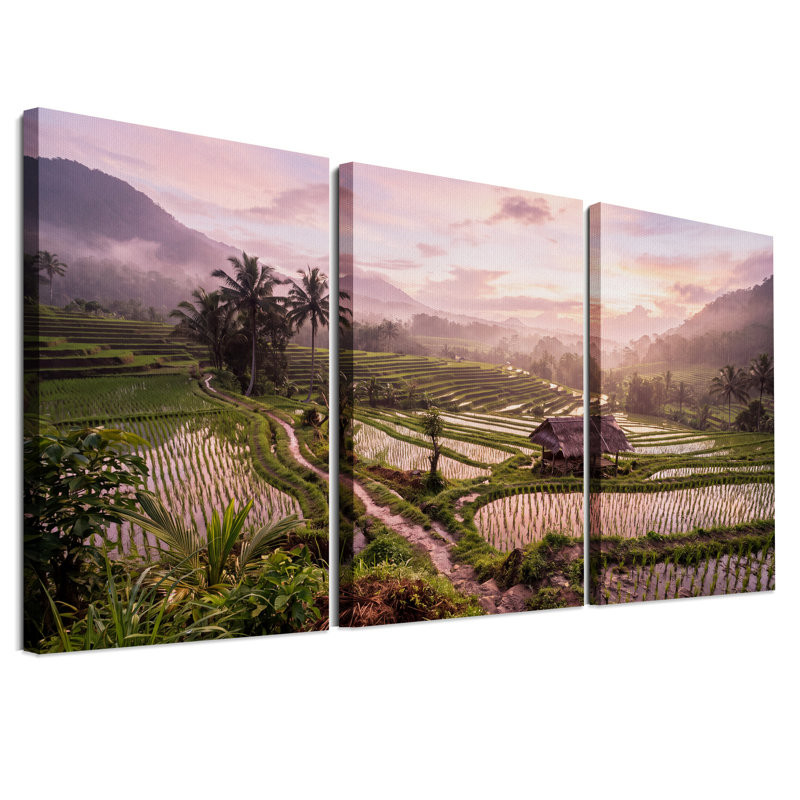Ensemble de 3 toiles murales représentant des rizières brumeuses sous un ciel rose, 24"H x 16"W x 3pcs