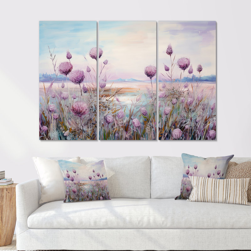 Minimalisme chardon Nature Florescence I - ensemble d'art mural champ de fleurs, H 40 po x l 60 po x P 1 po