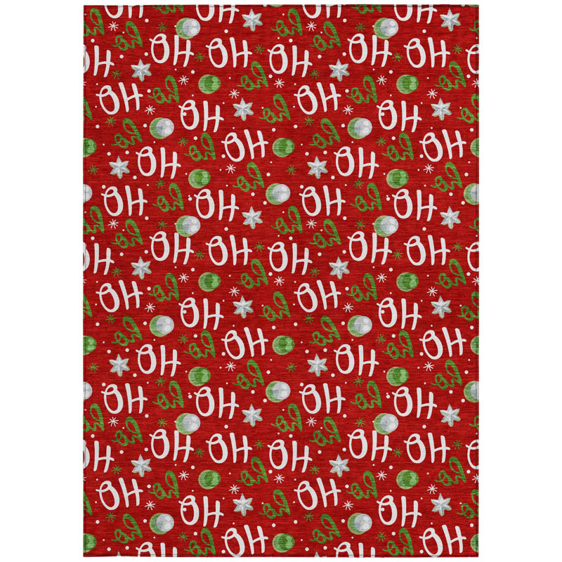 Tapis lavable intérieur/extérieur rouge, blanc et vert « Ho Ho Ho » de 152 x 244 cm