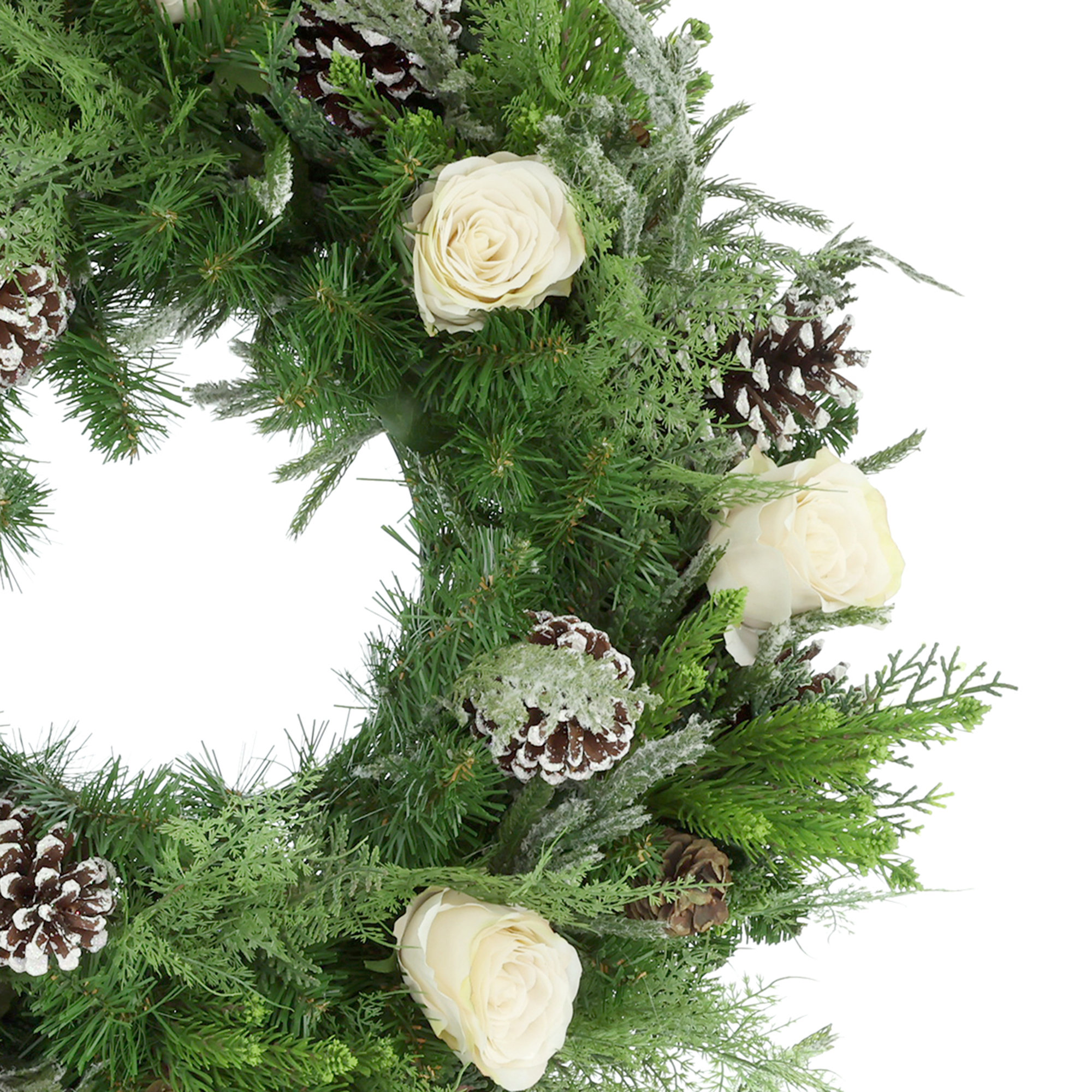 27'' Evergreen Wreath Arranged with Rose, Fern and Pinecone