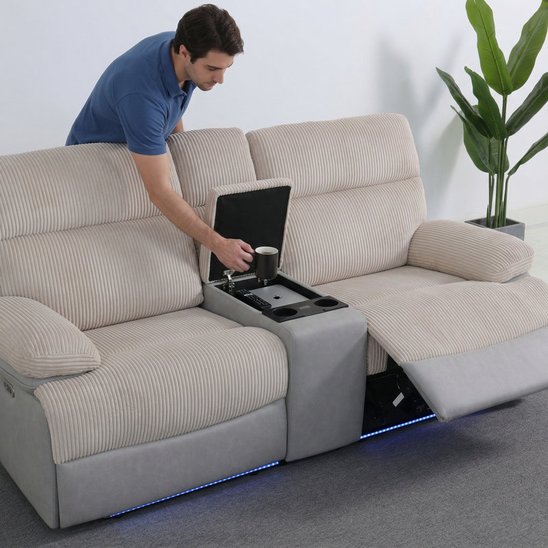 Causeuse inclinable moderne à 2 places avec console de rangement, canapé inclinable manuel en similicuir pour le salon, beige
