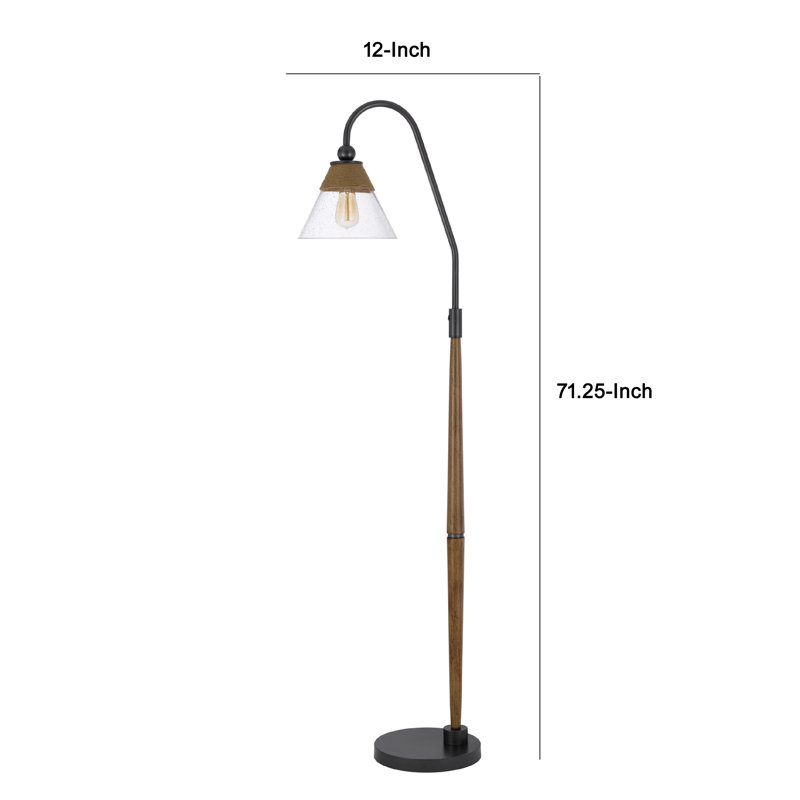 Lampe sur pied, abat-jour en verre bullé, bois industriel avec détails en corde, noir 71 po