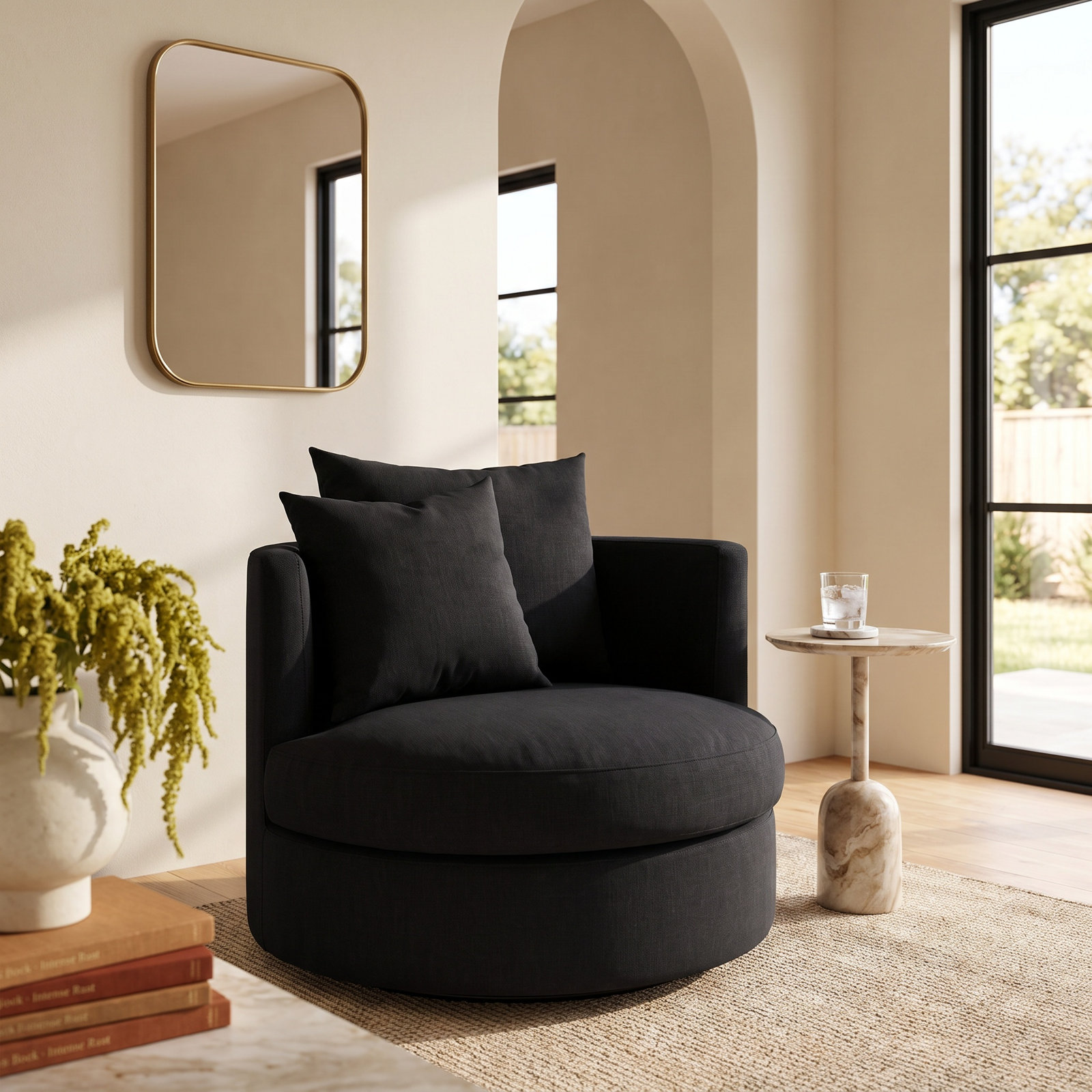 Down Filled Swivel Barrel Chair, Black Performance Fabric