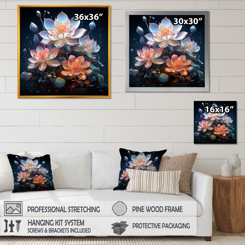 Pétales du lotus sacré I - impression, Cadre flottant blanc, H 30 po x l 30 po x P 1 po