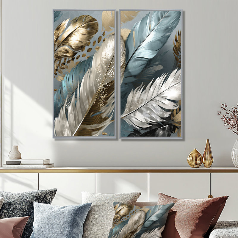 Plumes dorées dorées surdimensionnées IV - Glam Feather, 20'' H x 24'' W, Impression encadrée flottante, Silver