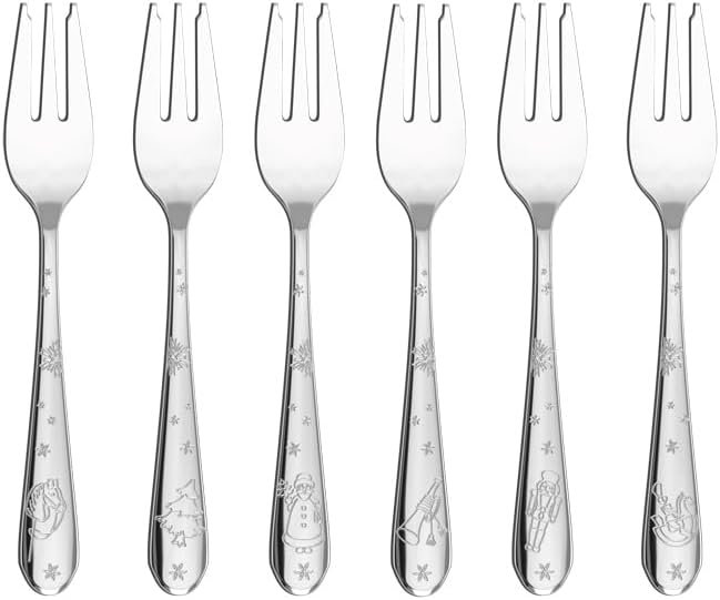 Villeroy & Boch Toy's Delight Collection Cake Forks, Set of 6, 18/10 Stainless Steel Flatware with Christmas Design Engraving, 6.25 in