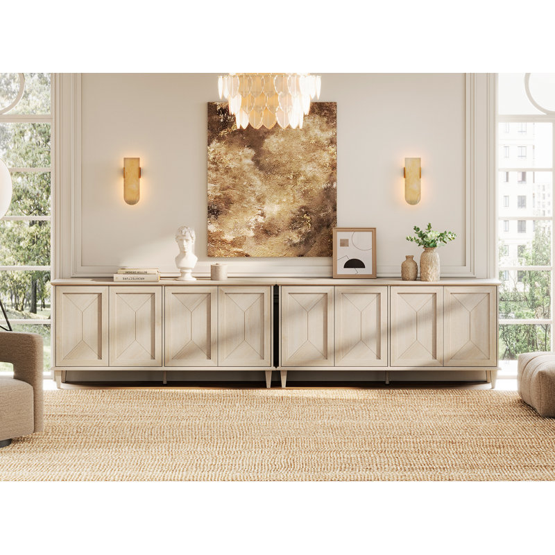 Modern 8-Door Accent Cabinet, Handmade Geometric Pattern Console With Tapered Legs, 2-In-1 Farmhouse Storage Buffect For Living Room Entryway Display,Beige