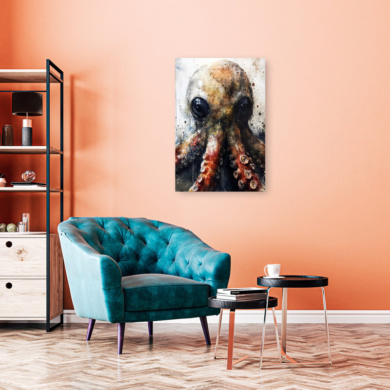Mysterious Deep Sea Octopus, art mural contemporain, H 36 po x l 24 po