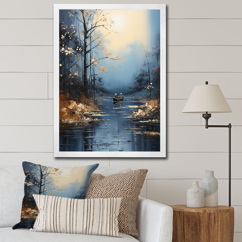 «Blue Moonlit River Blooms III - River», art mural, Cadre simple blanc, H 32 po x l 24 po x P 1 po