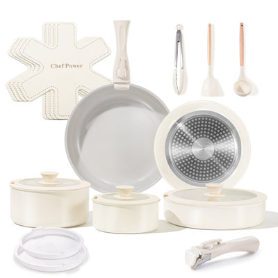 19-Piece Ceramic Nonstick Cookware Set Detachable Handles, RV Cookware, Grey and Cream