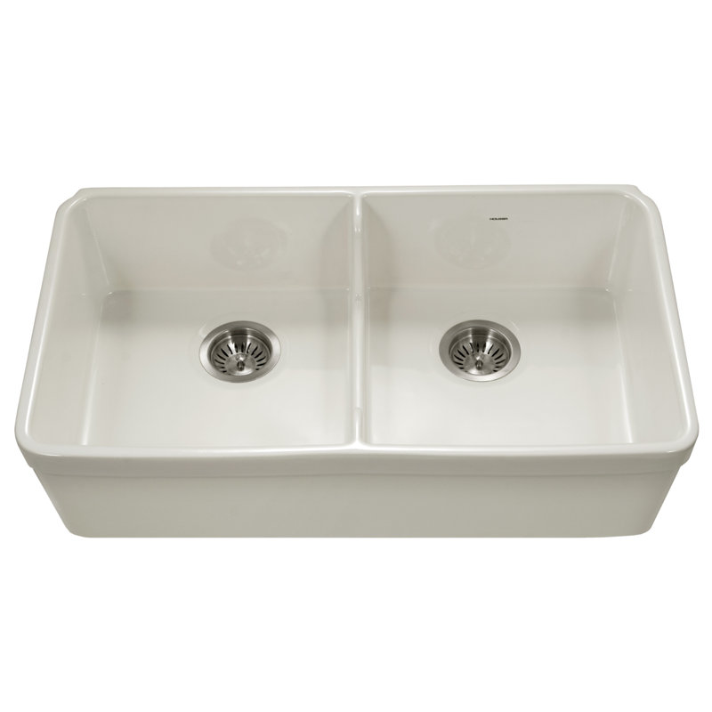 Évier double en argile réfractaire à tablier frontal 50/50 avec crépine Houzer 32 po Houzer, grilles-PTD-6400 WH-C, Biscuit