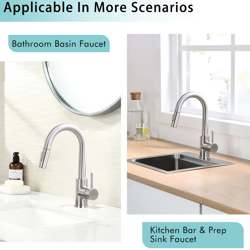 Robinet de lavabo de salle de bain pivotant à 360 °, cuisine contemporaine rétractable en nickel brossé de style classique pour lavabo et évier, poignée simple