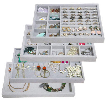 Stackable Jewelry Display Trays, Velvet Jewelry Drawer Inserts Trays, Box Ring Holder Necklace Case, Jewelry Storage For Bracelet Brooch Watch, Set Of 4,Gray