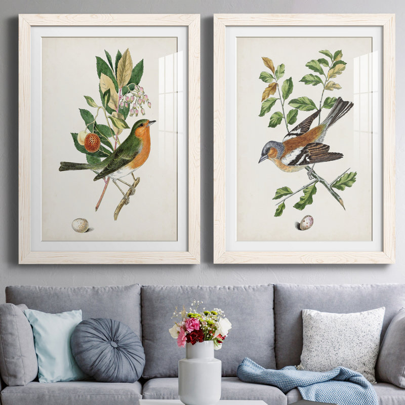 Oiseau antique, botanique et œuf I - ensemble de 2 reproductions d'art sur papier encadré, H 31,5 po x l 47 po x P 1,5 po