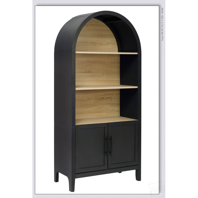 Bibliothèque cintrée de 170 cm de hauteur avec rangement, meuble à trois niveaux de style moderne du milieu du siècle avec porte pour une présentation élégante
