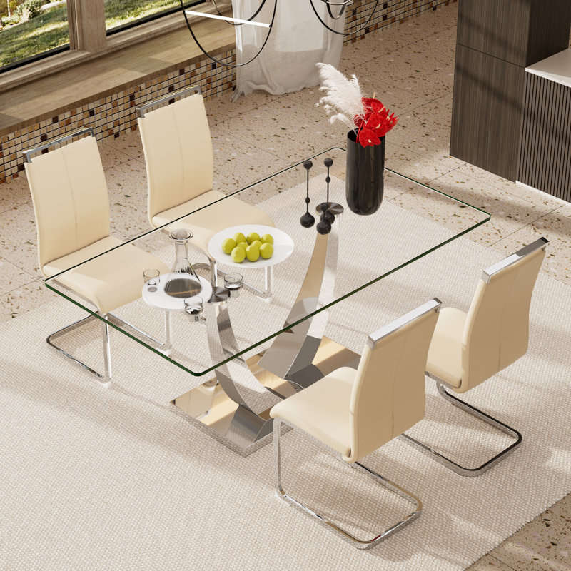 Ensemble de table de salle à manger en verre avec chaises rembourrées en polyuréthane 4/6, base en forme de corne pour la cuisine moderne