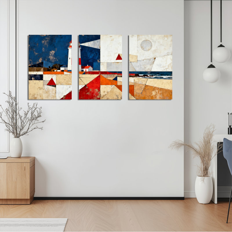 Abstrait phare et scène côtière, reproduction d'art sur toile tendue à la main (ensemble de 3), H 24 po x l 48 po