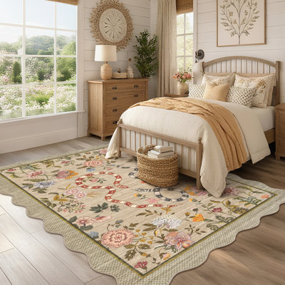 Farmhouse Floral Rug Washable Rug Non Slip Modern Scalloped Carpet, Soft Non Shedding Indoor Carpet, Low Pile Thin Foldable Printed Mat