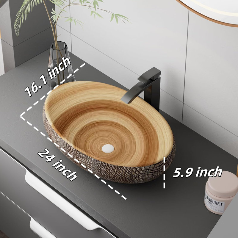 Yingze Bathroom Artistic Vessel Sink, 24X16X5.9 Inch Oval Bowl Sink, Retro Ceramic Washbasin Above Counter, Ceramic Porcelain Bathroom Sink Bowl For Vanity, Carving Brown
