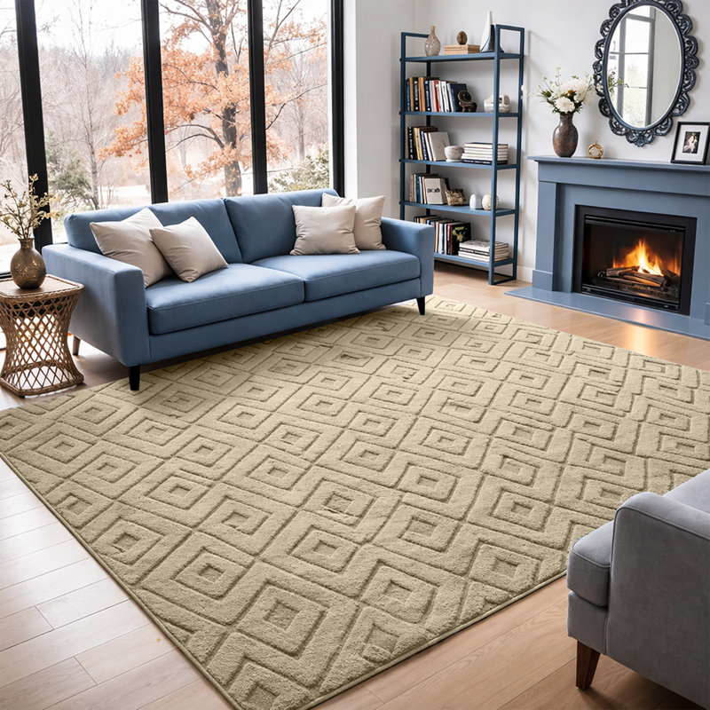  Modern High-Low Hollow Square Geometric Rug , 160 cm x 230 cm, Hollow Square Beige